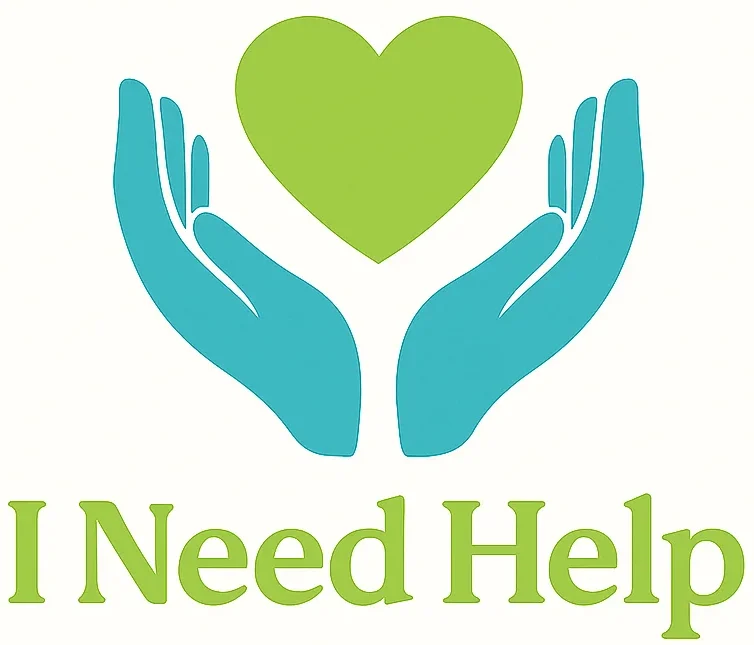 Logo with hands holding a green heart and the text “I Need Help.”